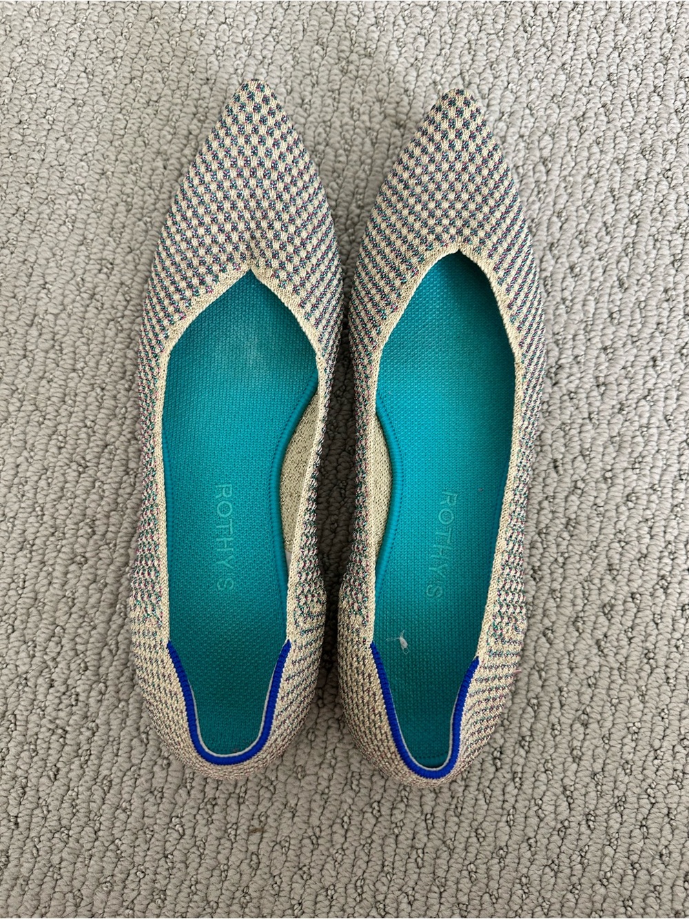 Rothy's Pointed Knit Flats in Teal and Multi-Color Tweed